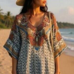 Johnny Was 100% Silk multicolored V Neck tunic Size M